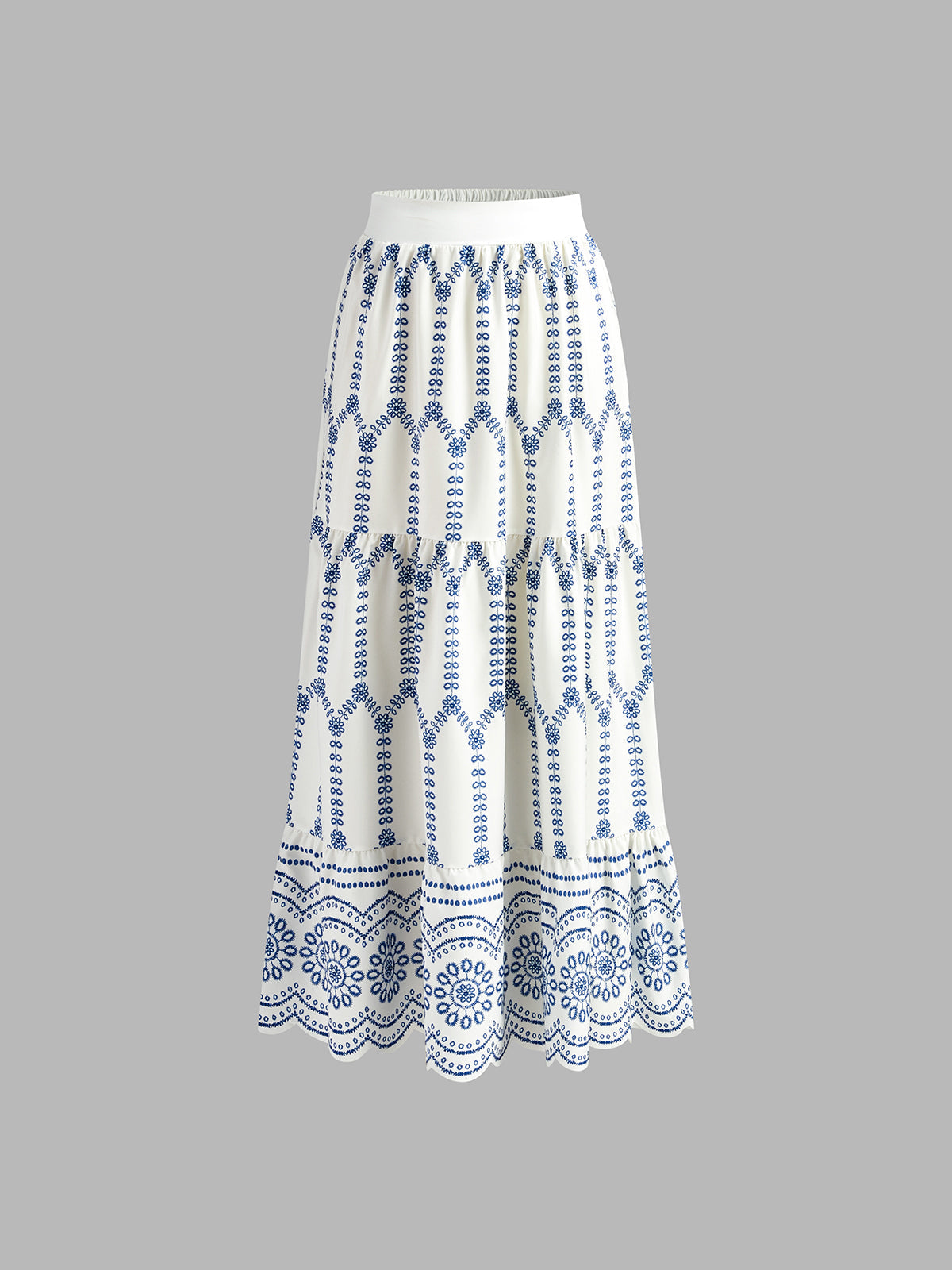 Blue-and-white embroidered linen maxi skirt with tiered scalloped lace hem