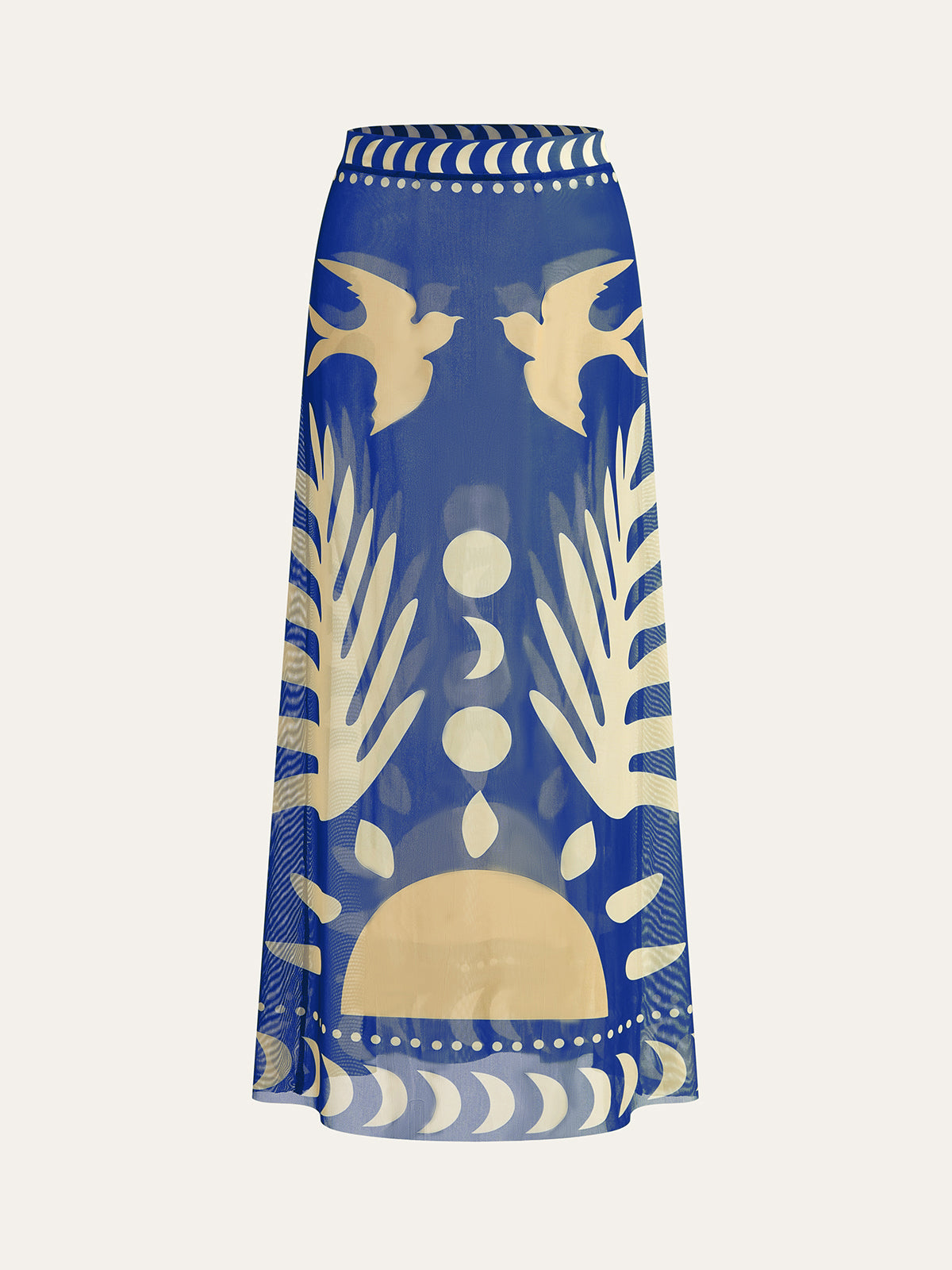 Maxi skirt flat lay in blue and cream with abstract tropical silhouettes