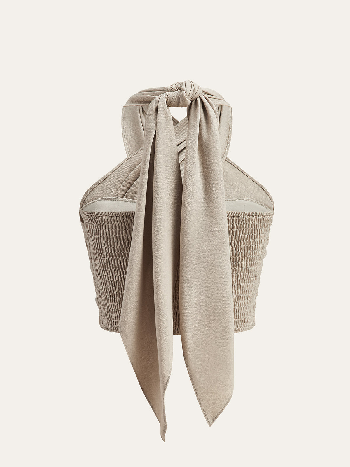 Beige cotton crop halter top with draped open-back ties