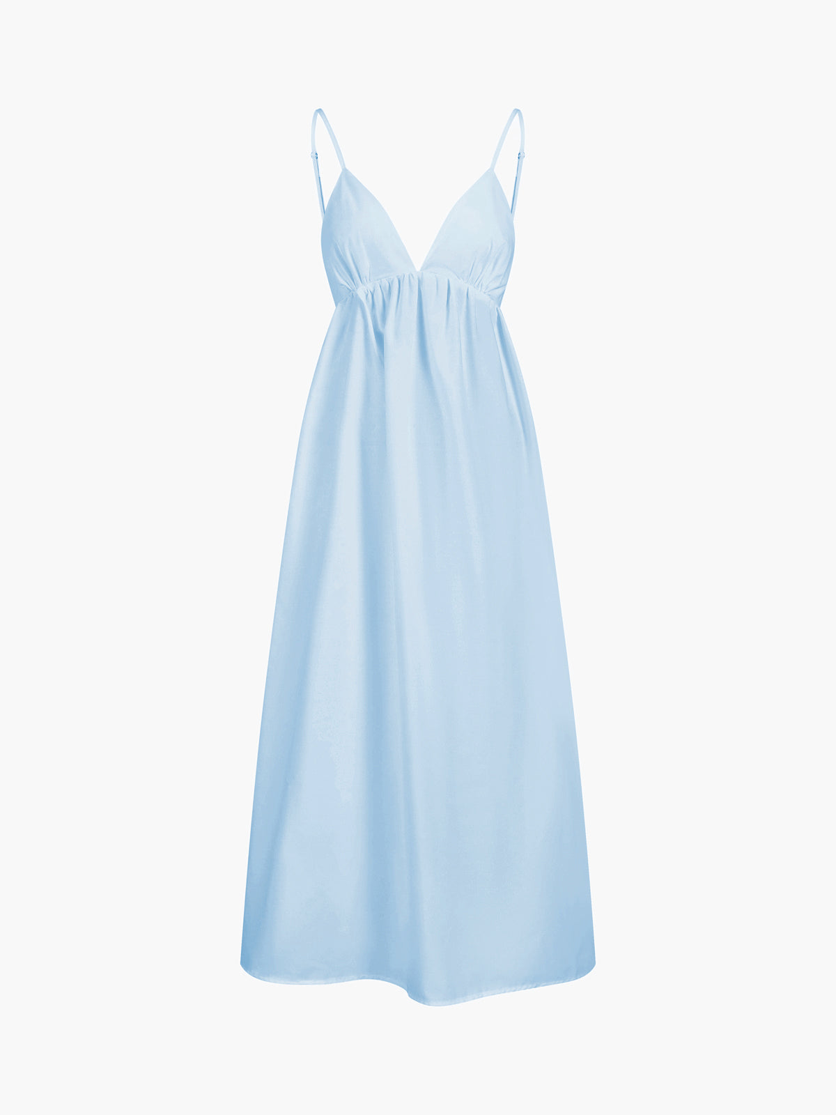 Light blue viscose maxi dress with spaghetti straps and V-neck, gathered waist