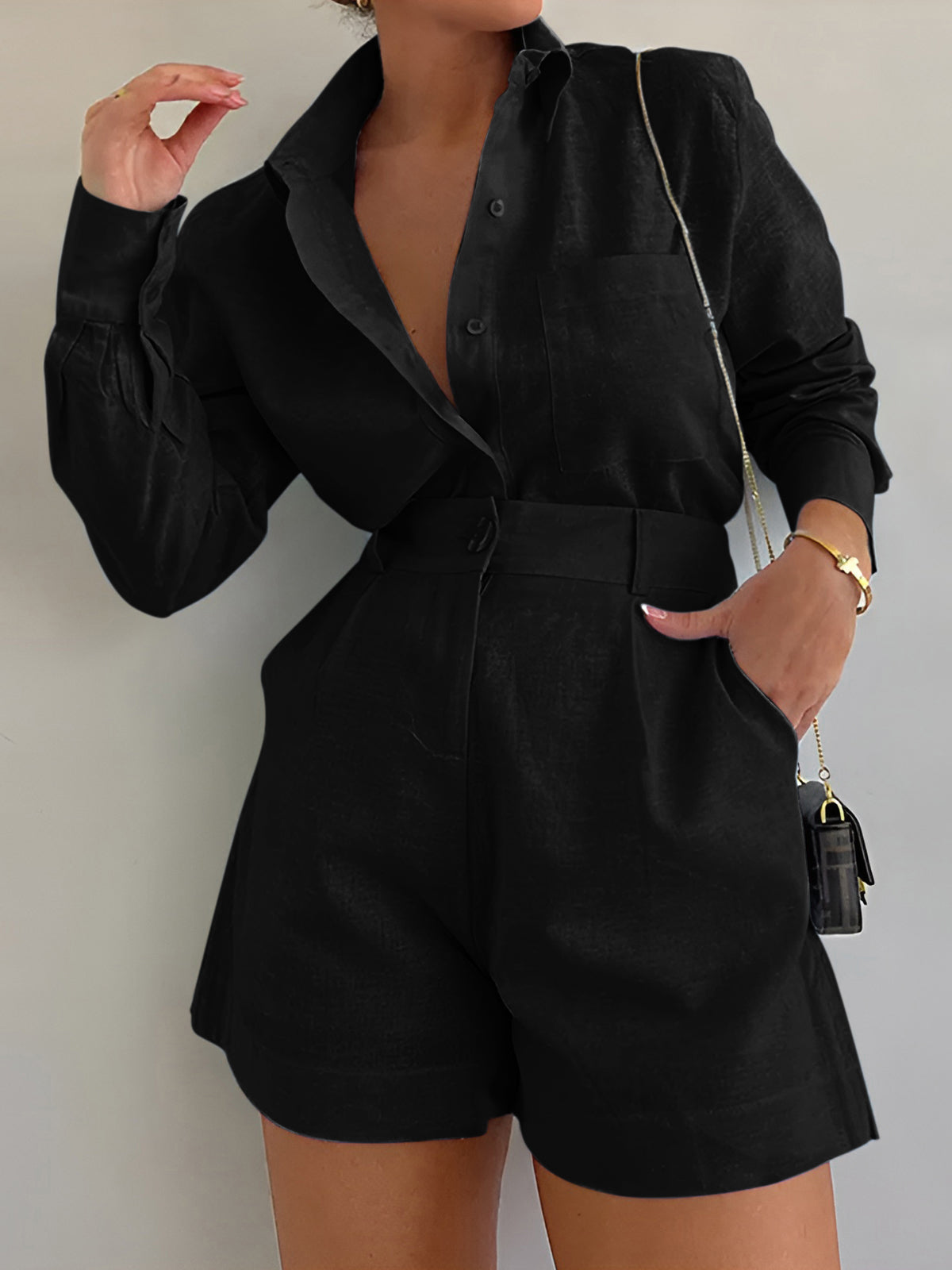 Black linen long-sleeve button shirt and belted high-waist shorts set