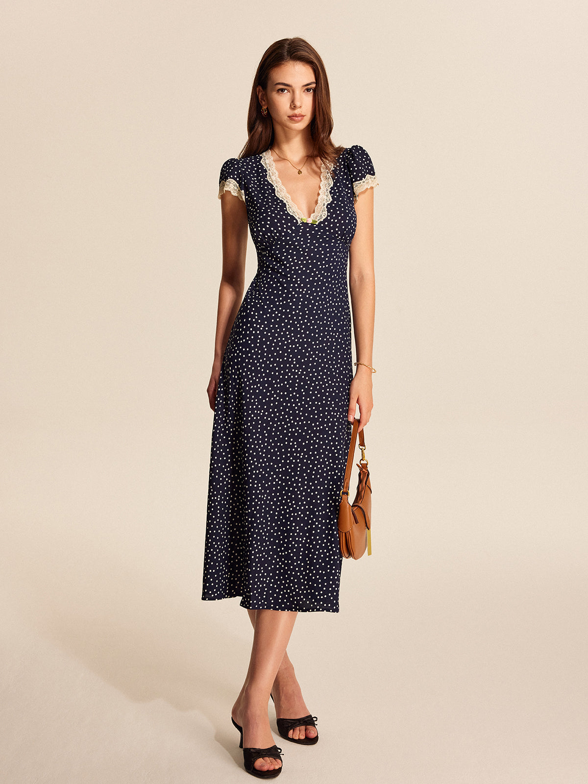 Satin polka-dot midi dress, deep V with scalloped lace, cap sleeves, navy