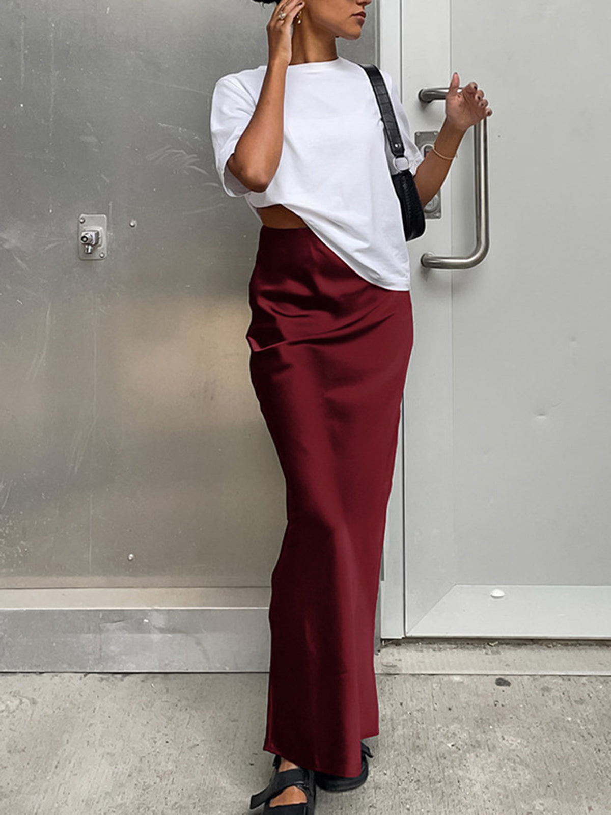 Burgundy satin straight maxi skirt with high waist and side slit