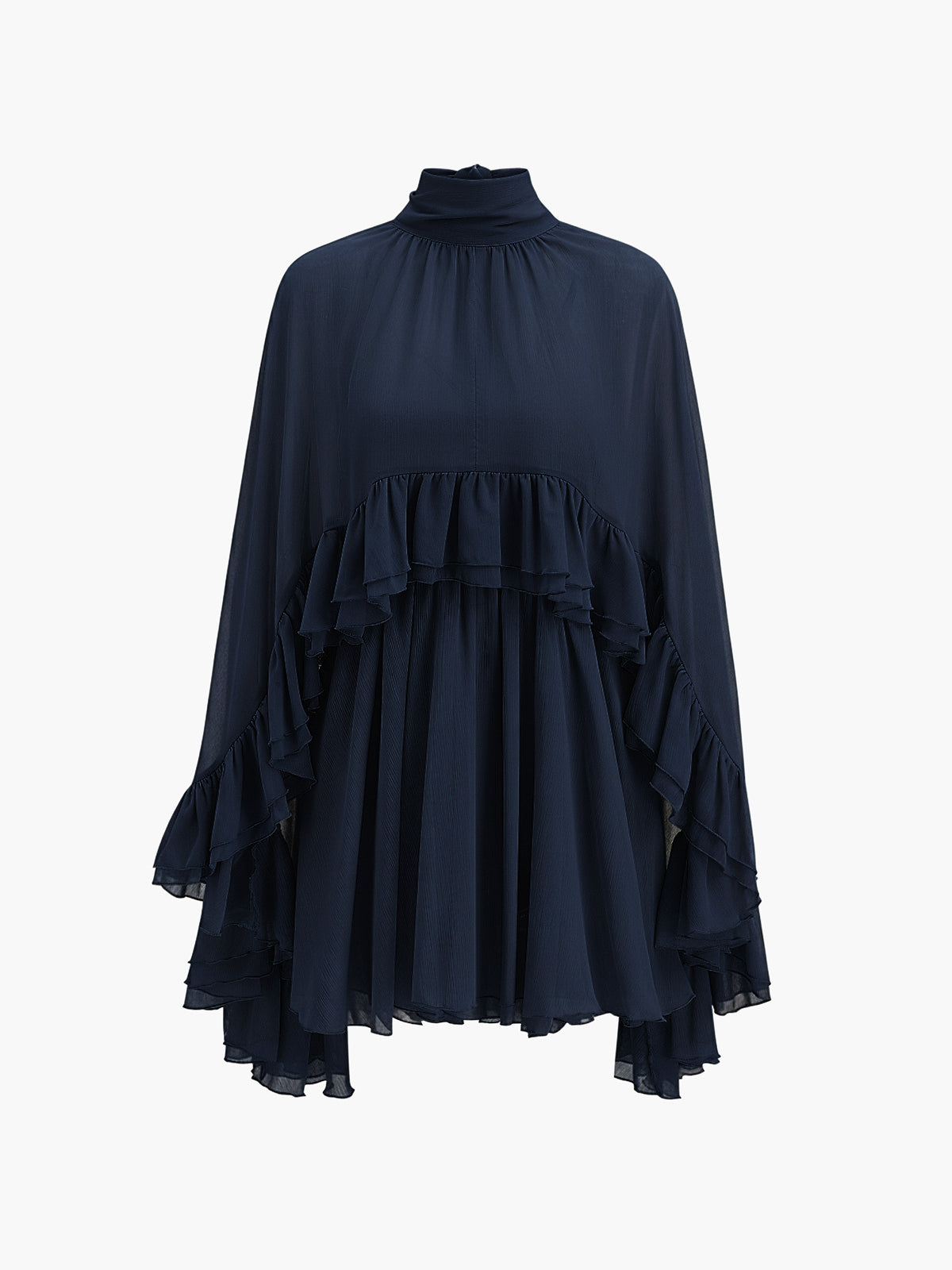 Navy chiffon mini dress with high neck, cape sleeves, and tiered ruffle skirt