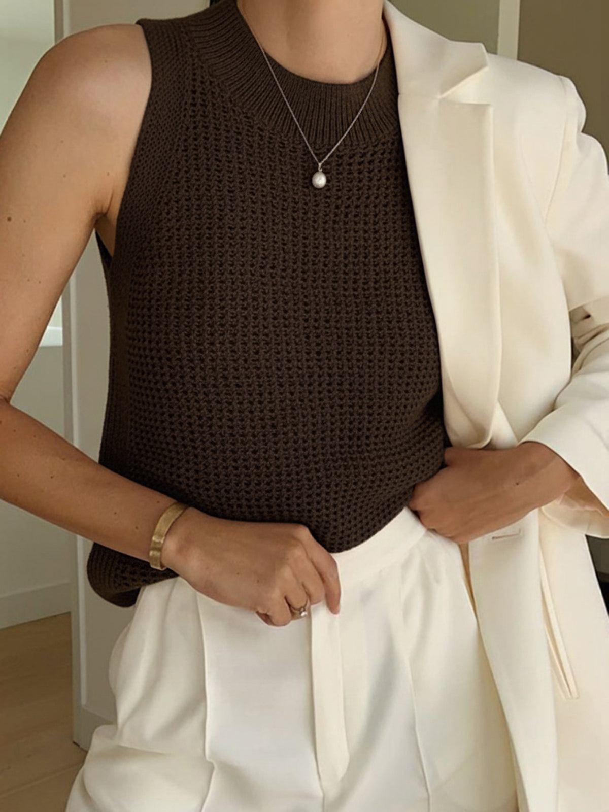 Dark brown open-knit cotton tank top, sleeveless with ribbed crew neck and crochet pattern