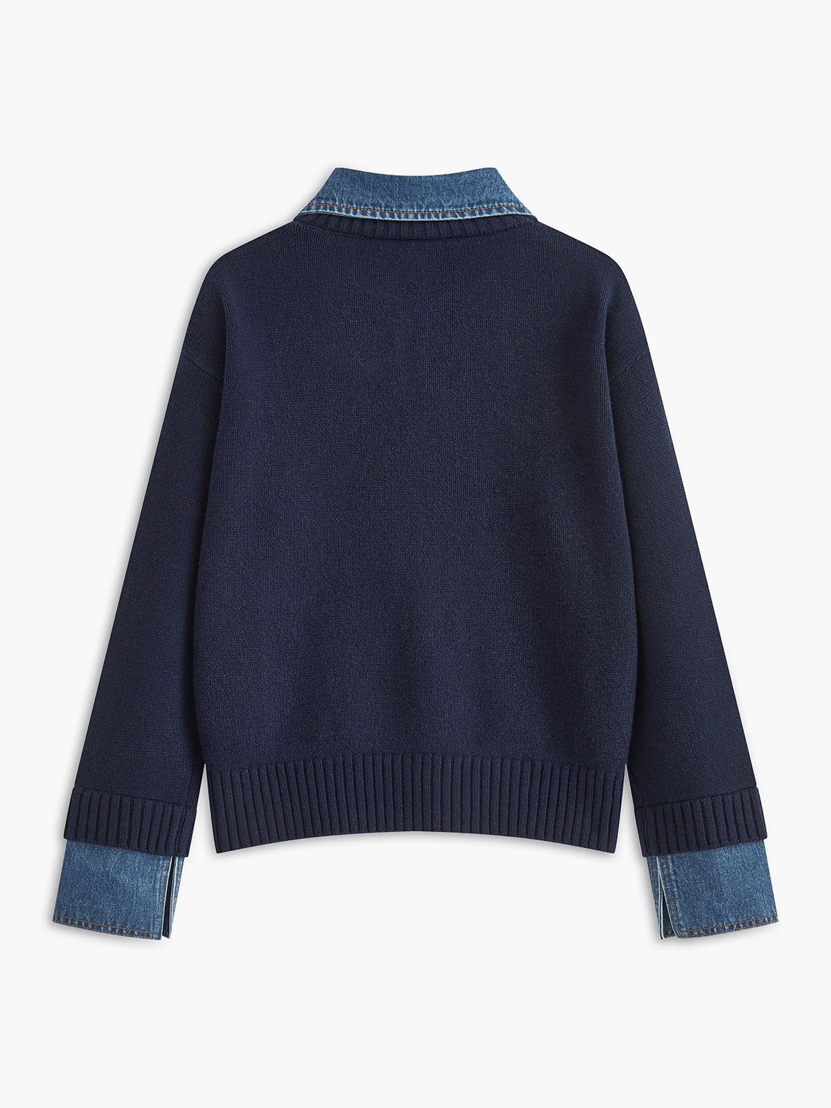 Women’s navy knit jumper, back view, with denim collar and ribbed cuffs