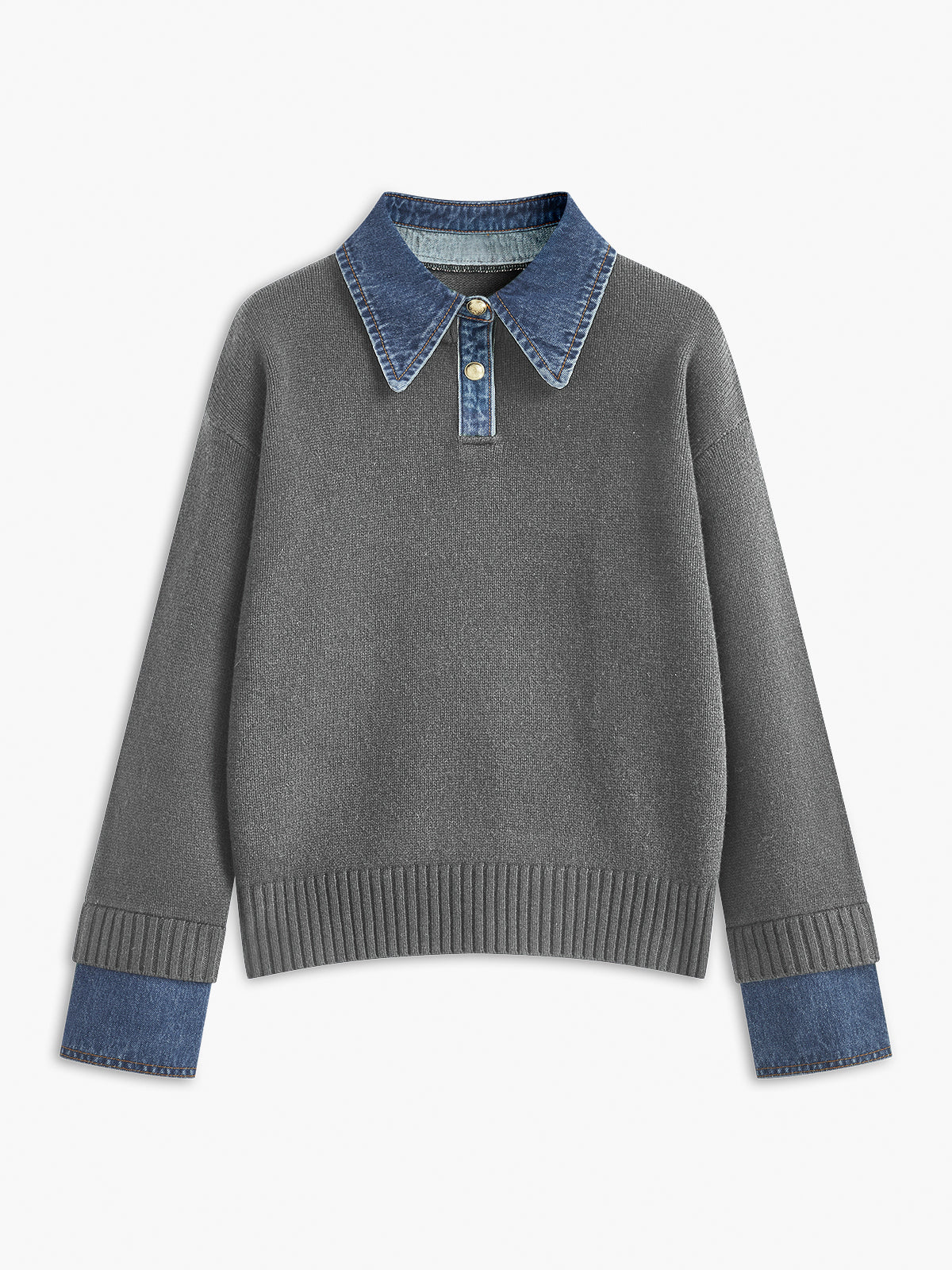 Women’s light grey knit jumper with denim collar and ribbed cuff trim