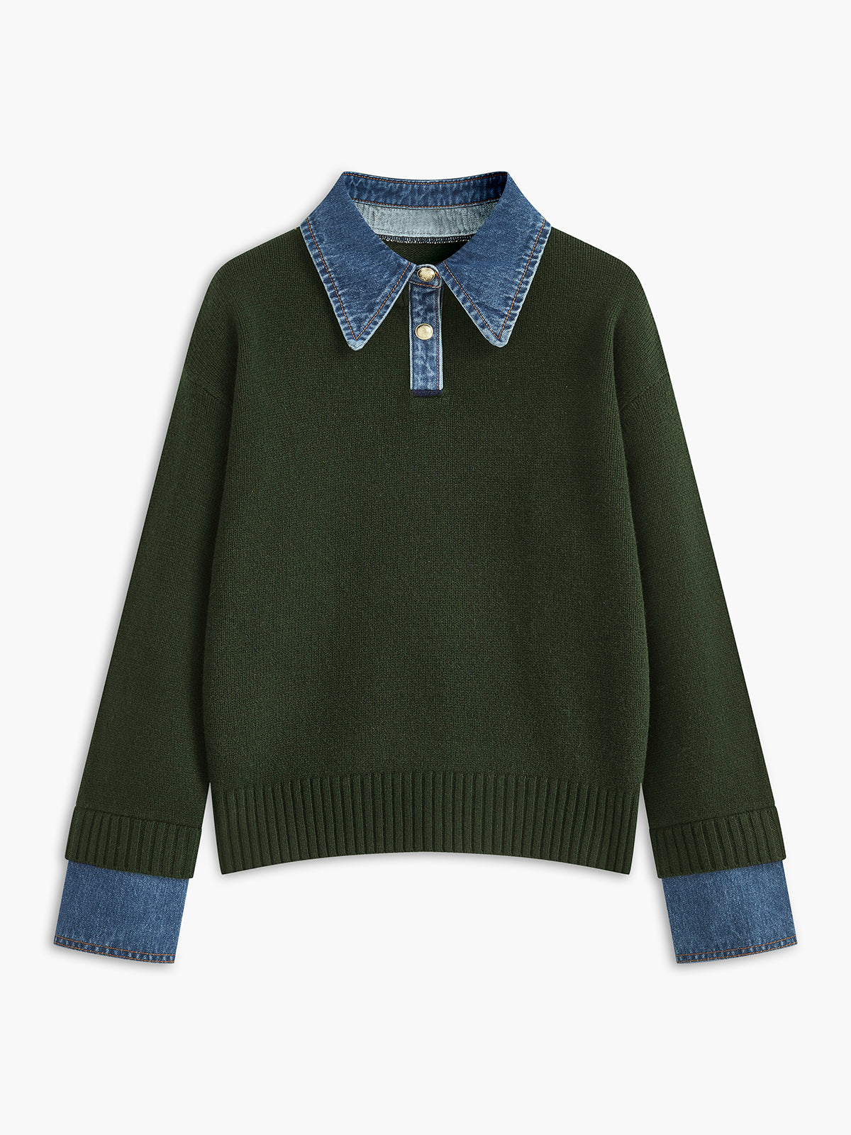 Women's knit jumper with denim-look collar and cuffs, relaxed fit, deep green