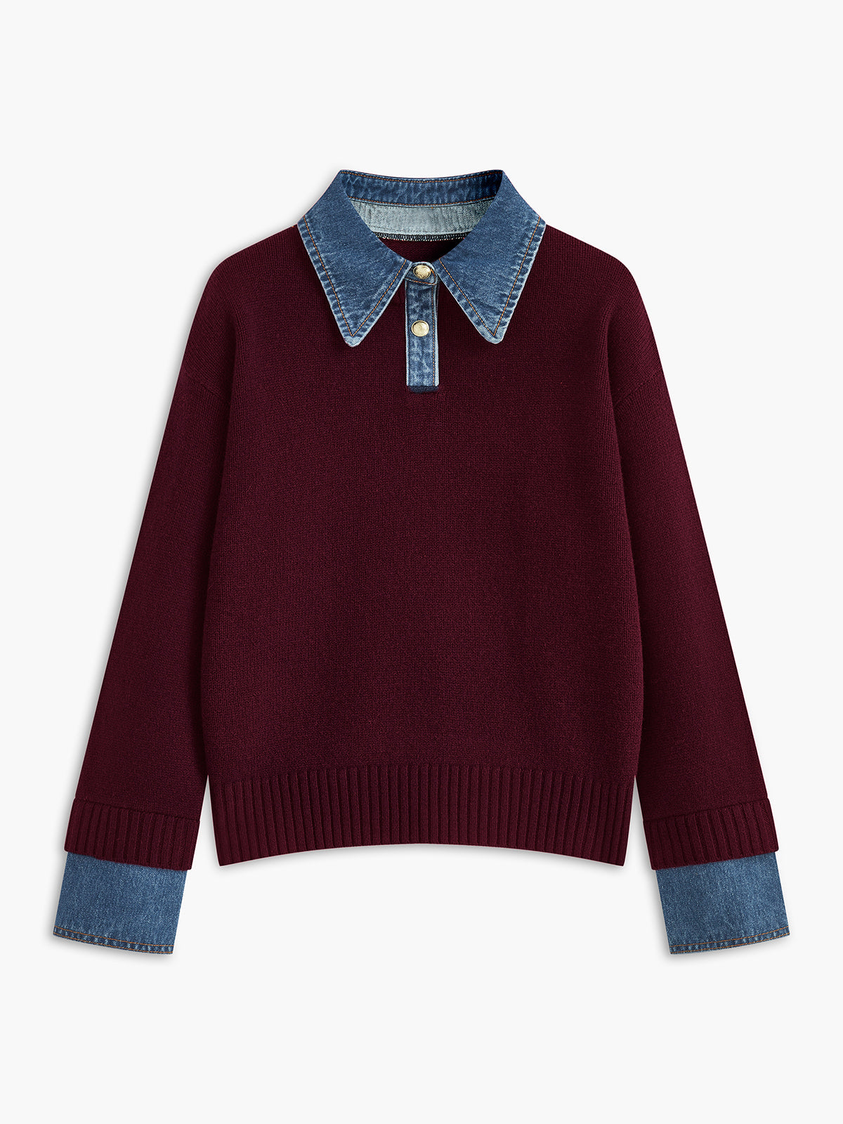Women’s burgundy knit jumper with denim collar and ribbed cuff trim