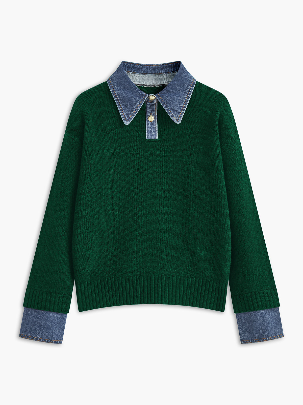 Women's knit jumper with denim-look collar and cuffs, relaxed fit, forest green