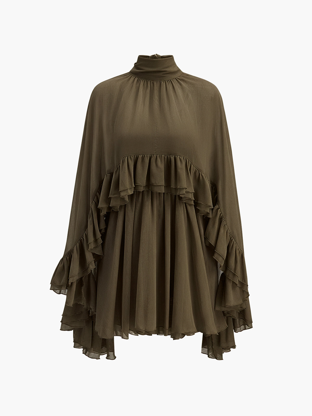 Olive chiffon mini dress with high neck, cape sleeves, and tiered ruffle skirt