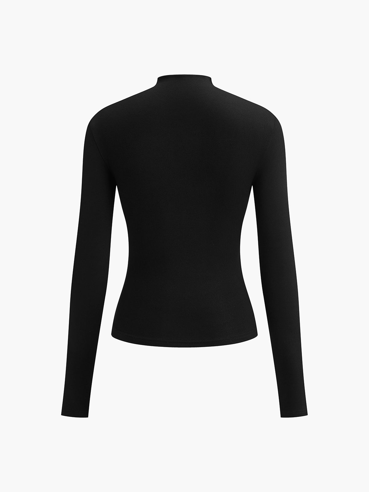 Black long-sleeve fitted top, smooth back view with high neckline and curved hem