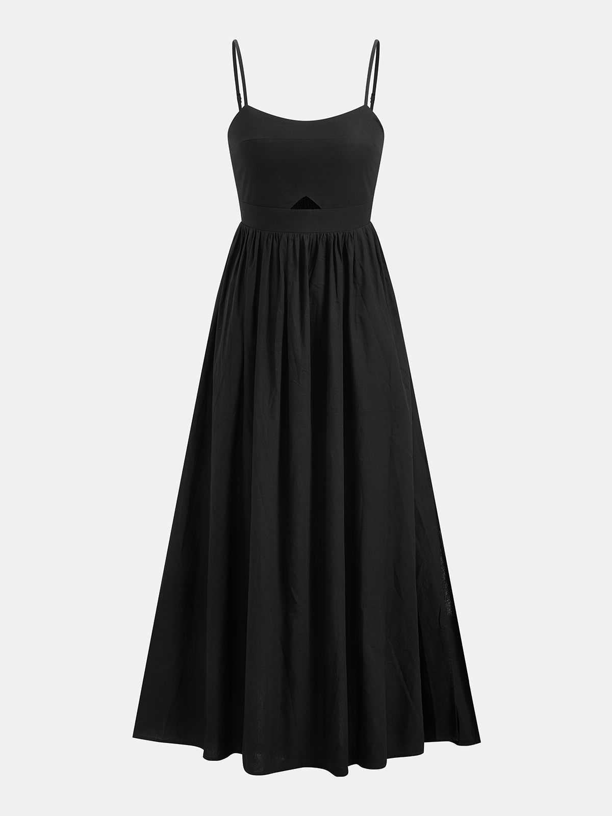 Black spaghetti strap A-line maxi dress with cutout waist and gathered skirt