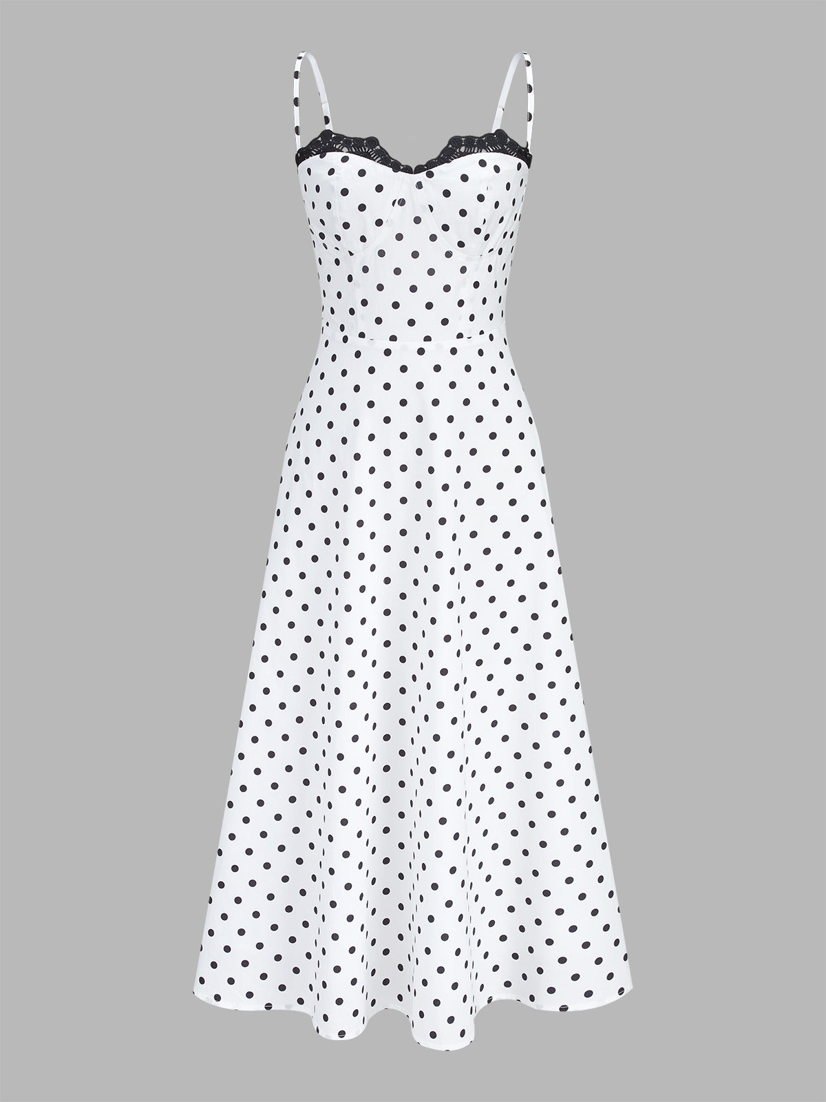 White polka dot cami maxi dress with lace-trim bust, thin straps, and flared skirt