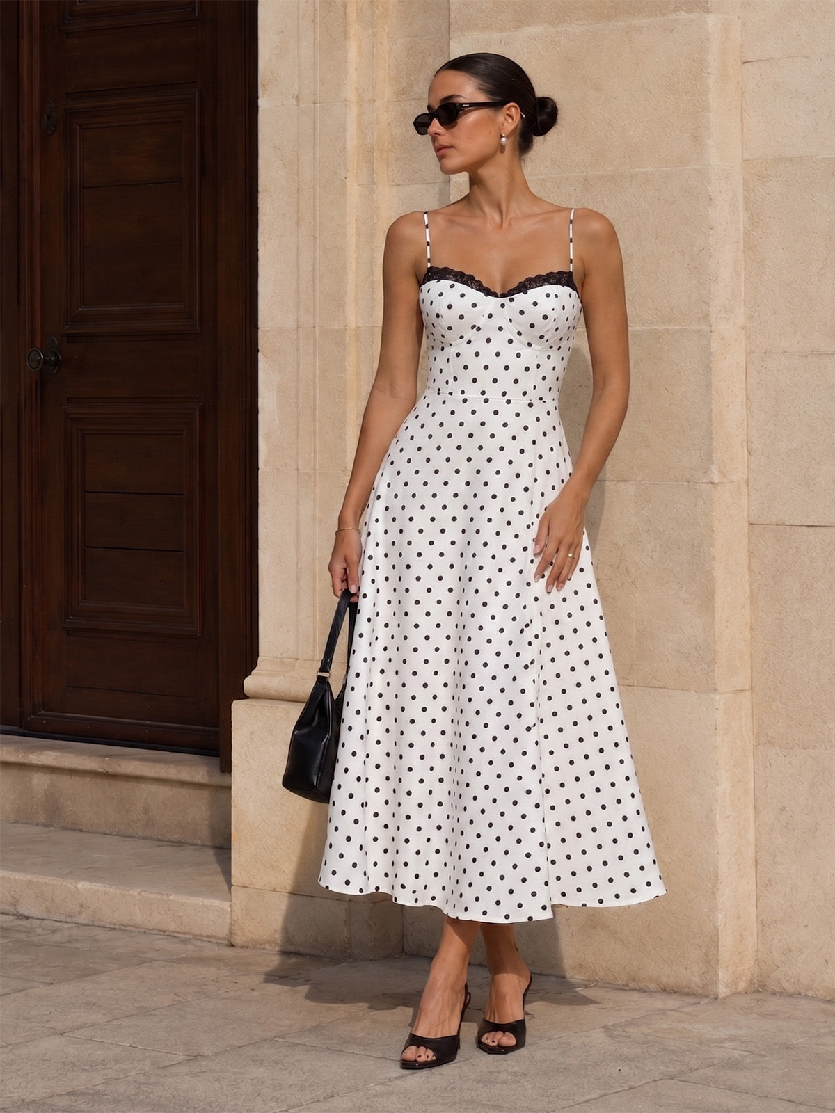 White polka dot lace-trim cami maxi dress with adjustable straps and sweetheart neckline