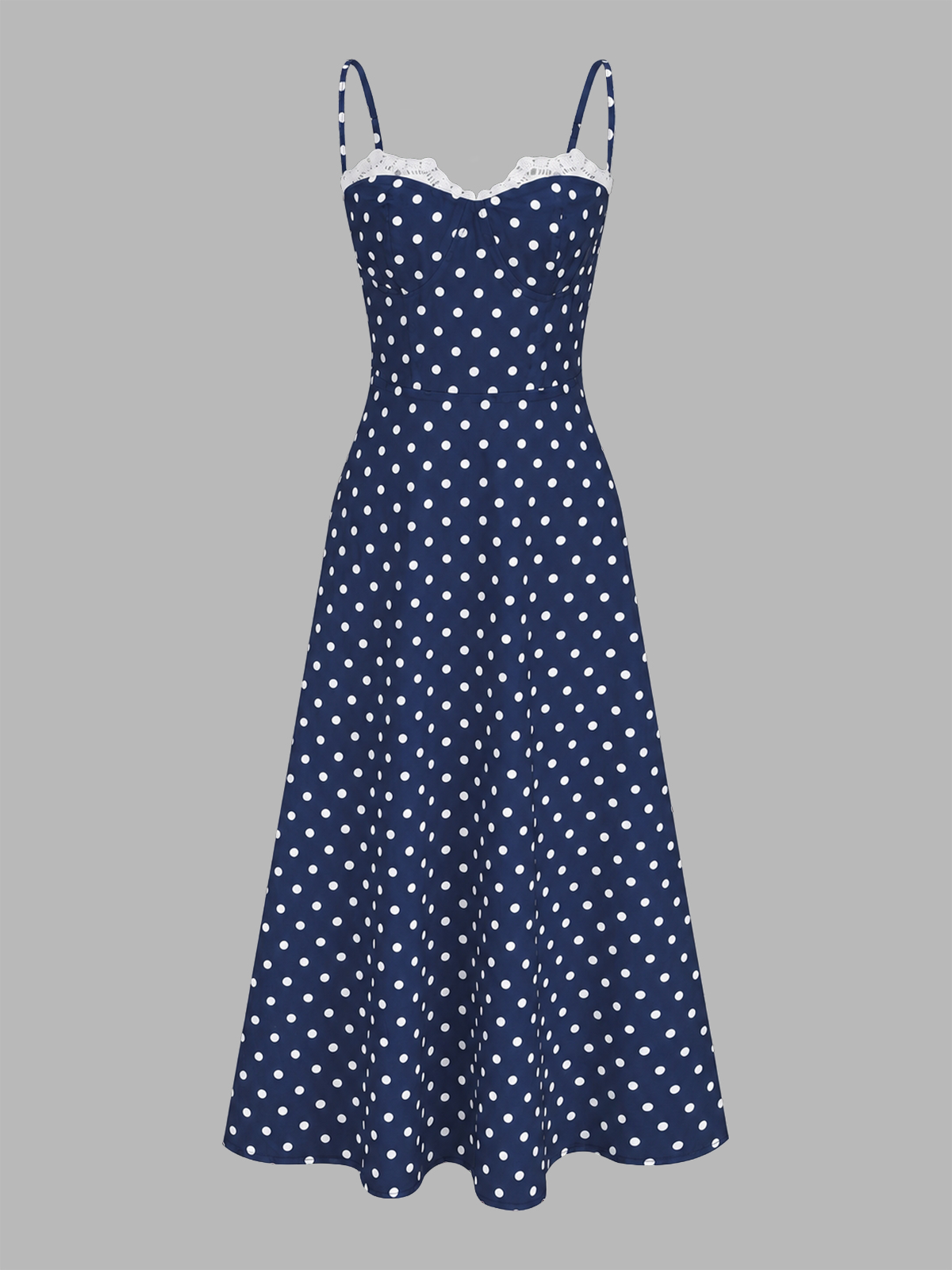 Navy polka dot lace-trim cami maxi dress with thin straps and flared skirt