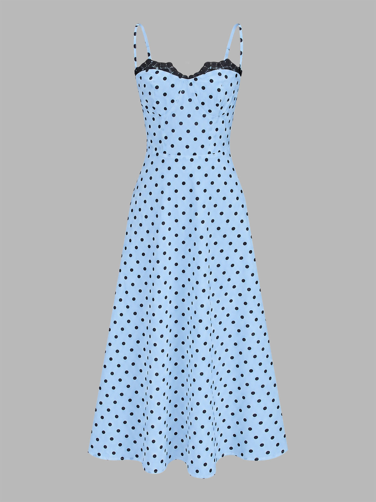 Light blue polka dot lace-trim cami maxi dress with thin straps and flared hem