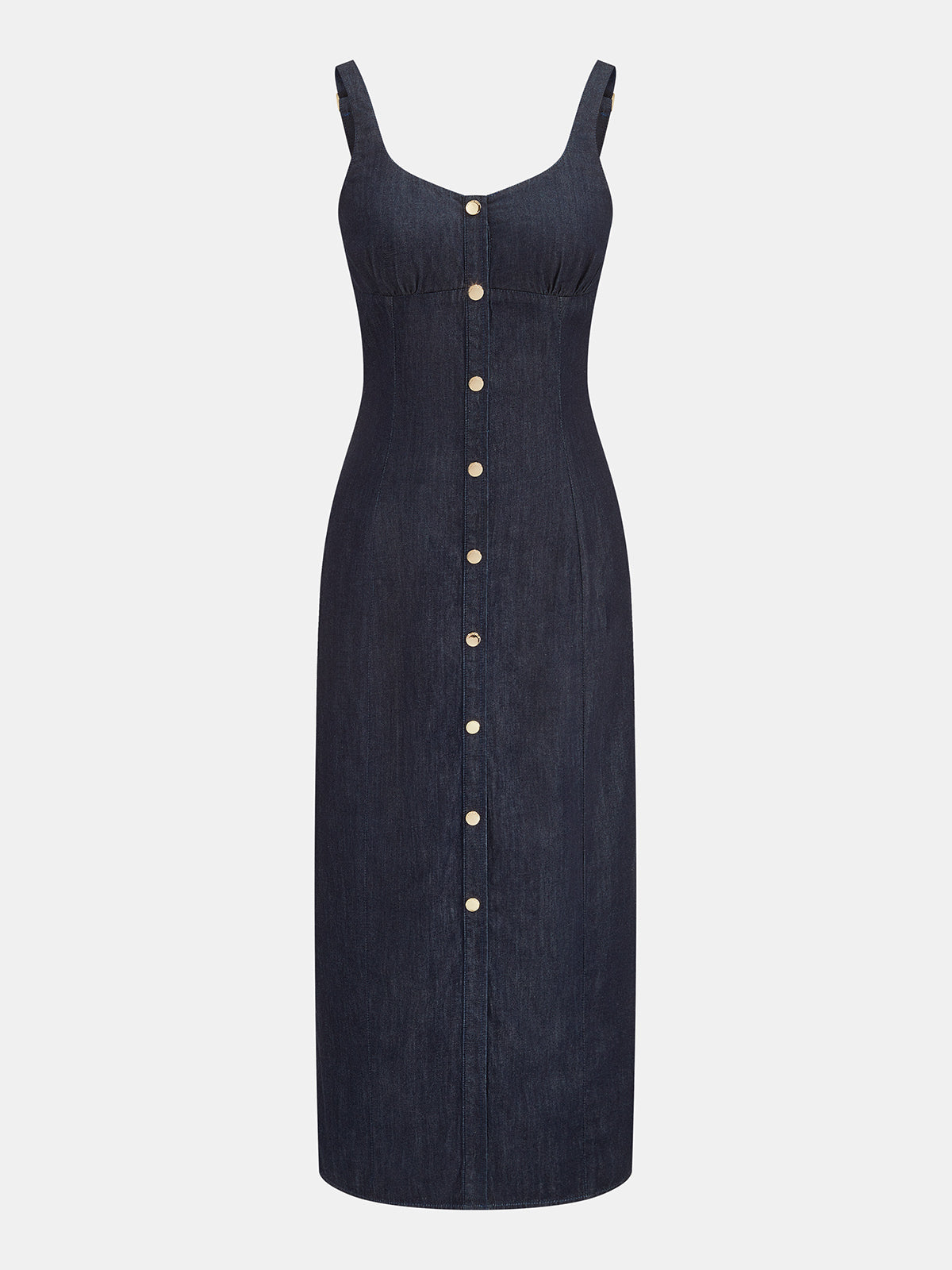 Navy denim button-front midi dress, sleeveless square neckline, fitted skirt