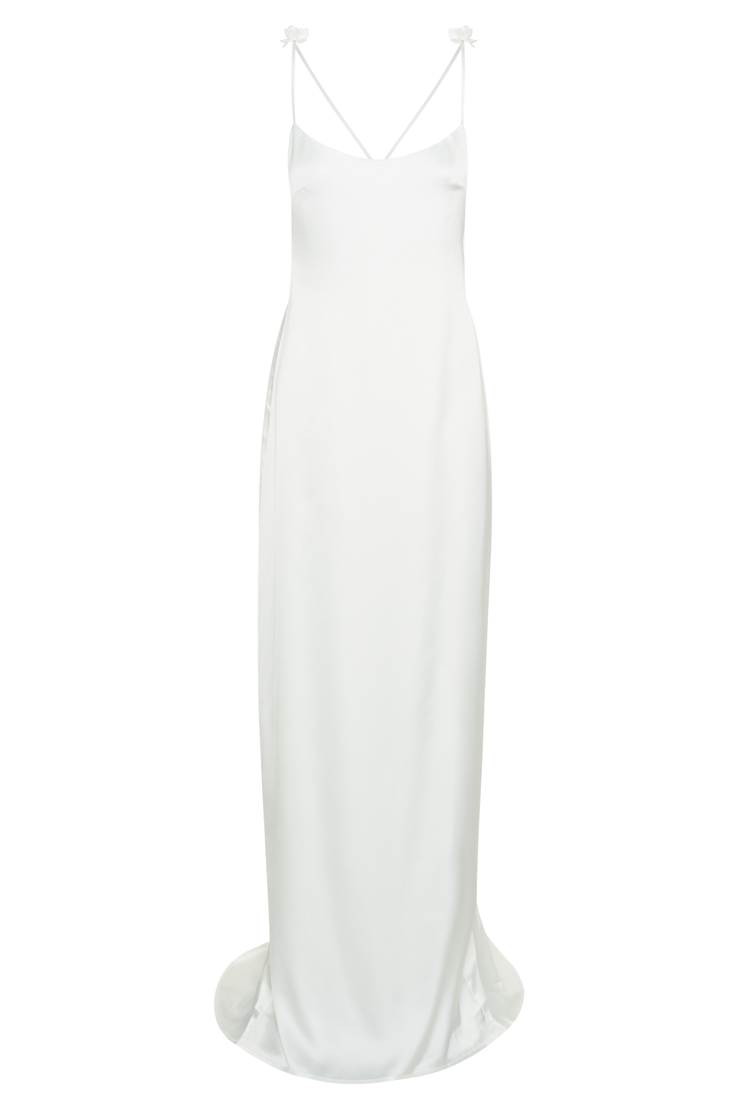 White satin slip maxi dress with thin straps and 3D floral accents cutout