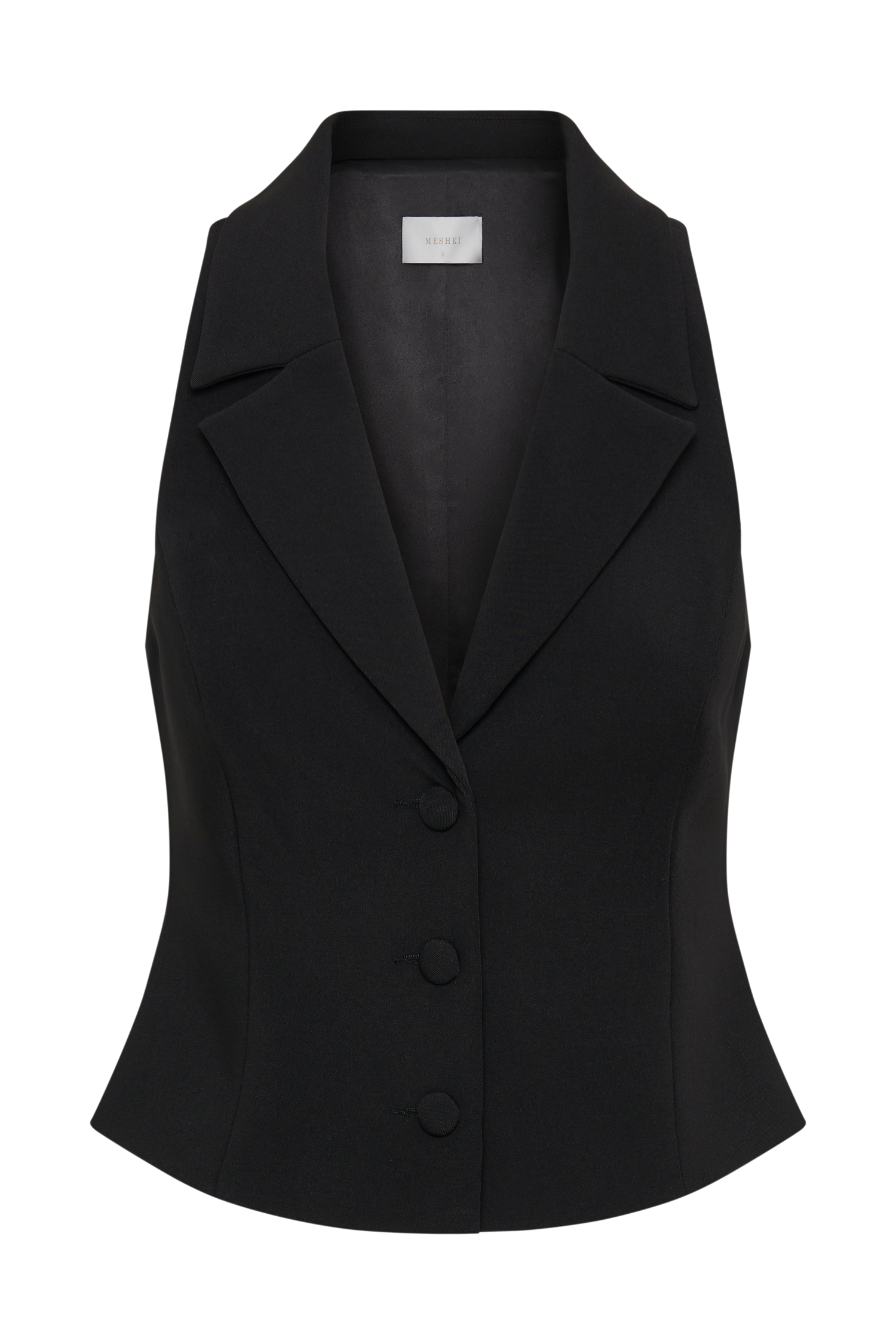 Black sleeveless blazer vest with notch lapel, halter neckline, and button front