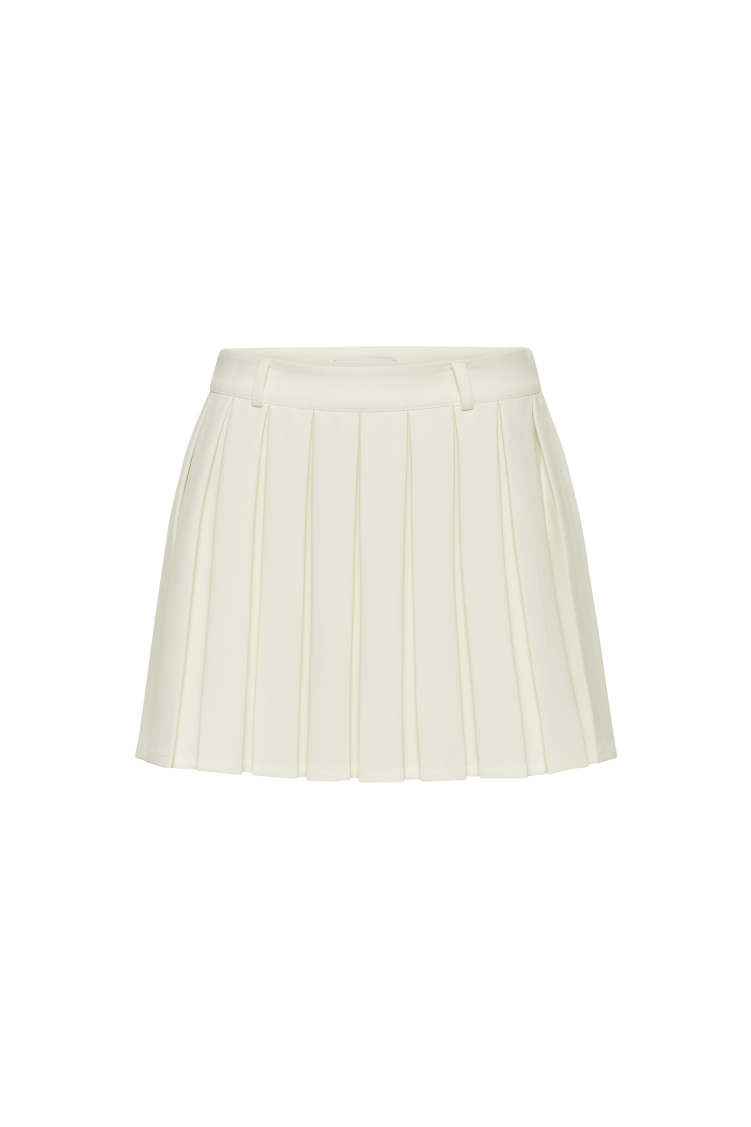 White pleated A-line mini skirt on black background, high waist and flared hem