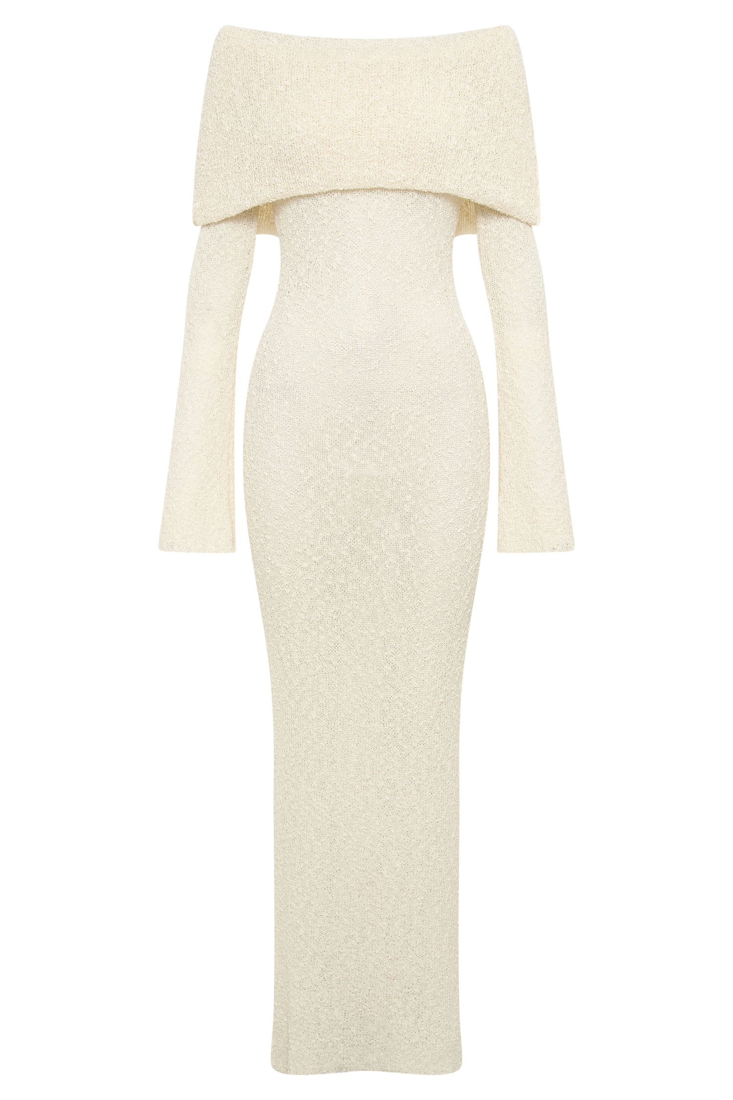 Off-white off-shoulder knit maxi dress flat lay with draped top and long sleeves