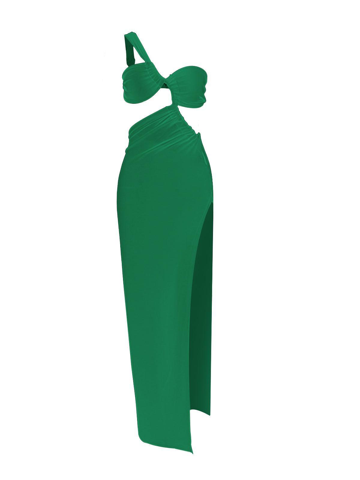 Green one-shoulder jersey maxi dress with ruched bow detail and high slit