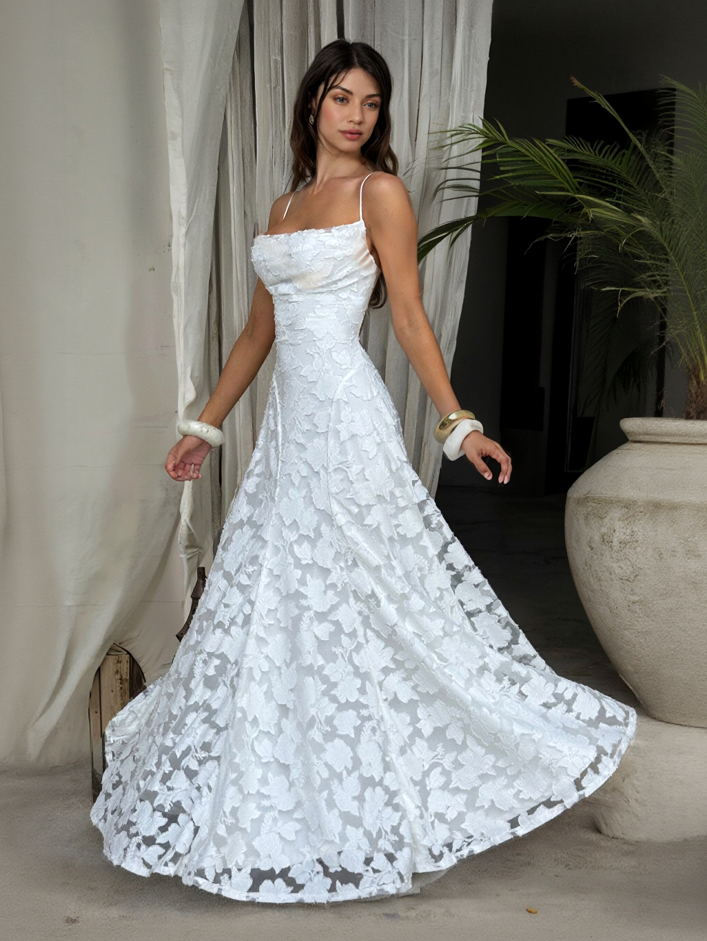 White satin floral appliqué spaghetti-strap fit-and-flare maxi dress
