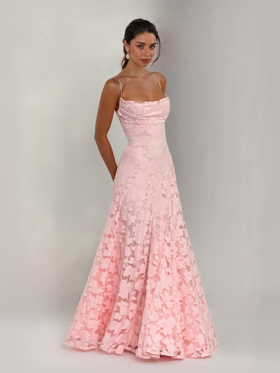 Pink satin spaghetti-strap floral appliqué fit-and-flare maxi dress
