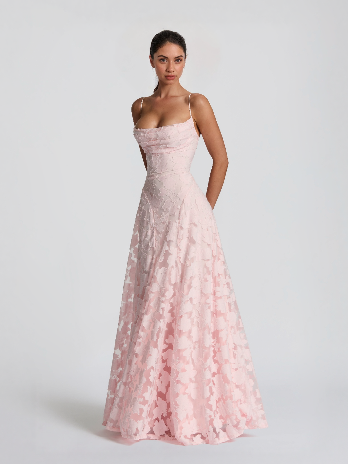 Pink satin spaghetti-strap floral-appliqué fit-and-flare maxi dress