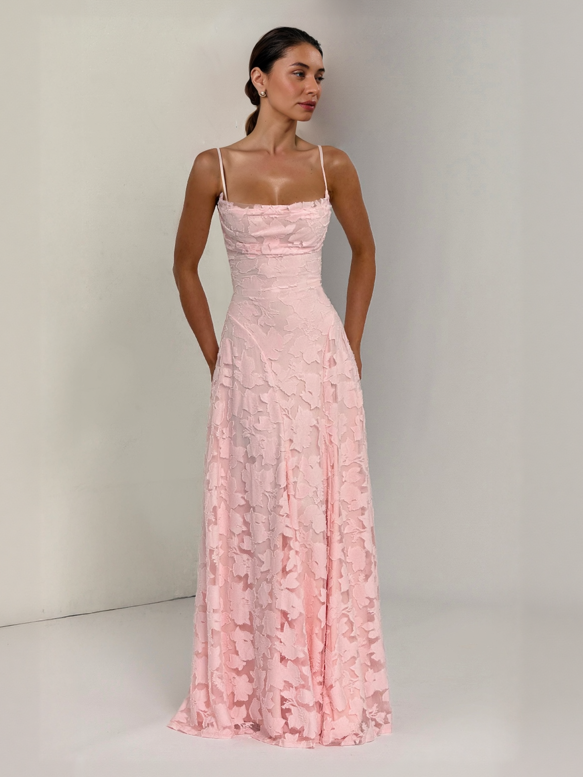 Pink satin floral appliqué fit-and-flare maxi dress with spaghetti straps