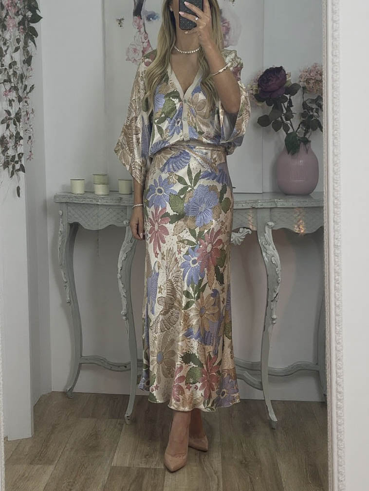 Floral satin midi skirt, cream floral print with flowing bias-cut silhouette