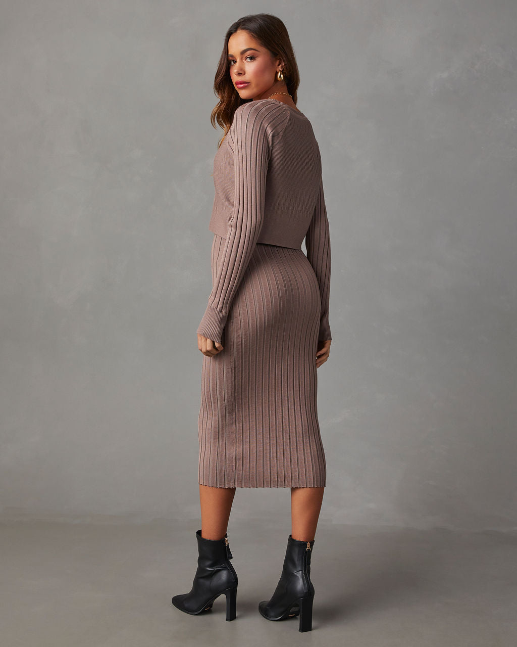 Taupe ribbed knit midi dress with long sleeves and fitted vertical ribbed texture