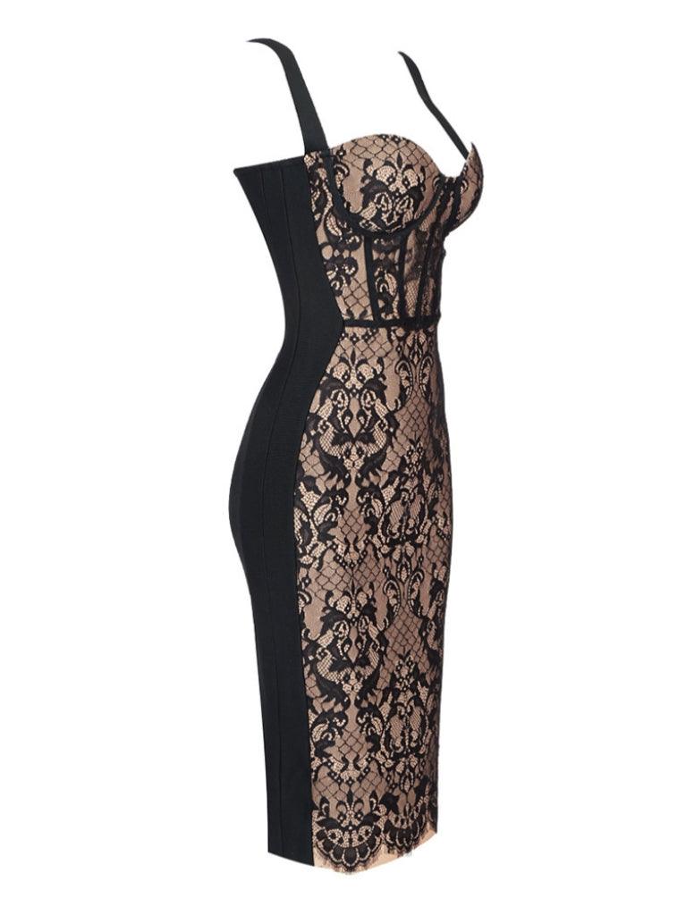 Black lace sweetheart corset bodycon midi dress with wide straps, angled flat lay