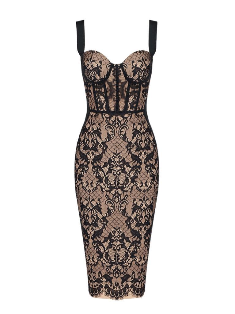 Black lace sweetheart corset bodycon midi dress with wide straps, front flat lay