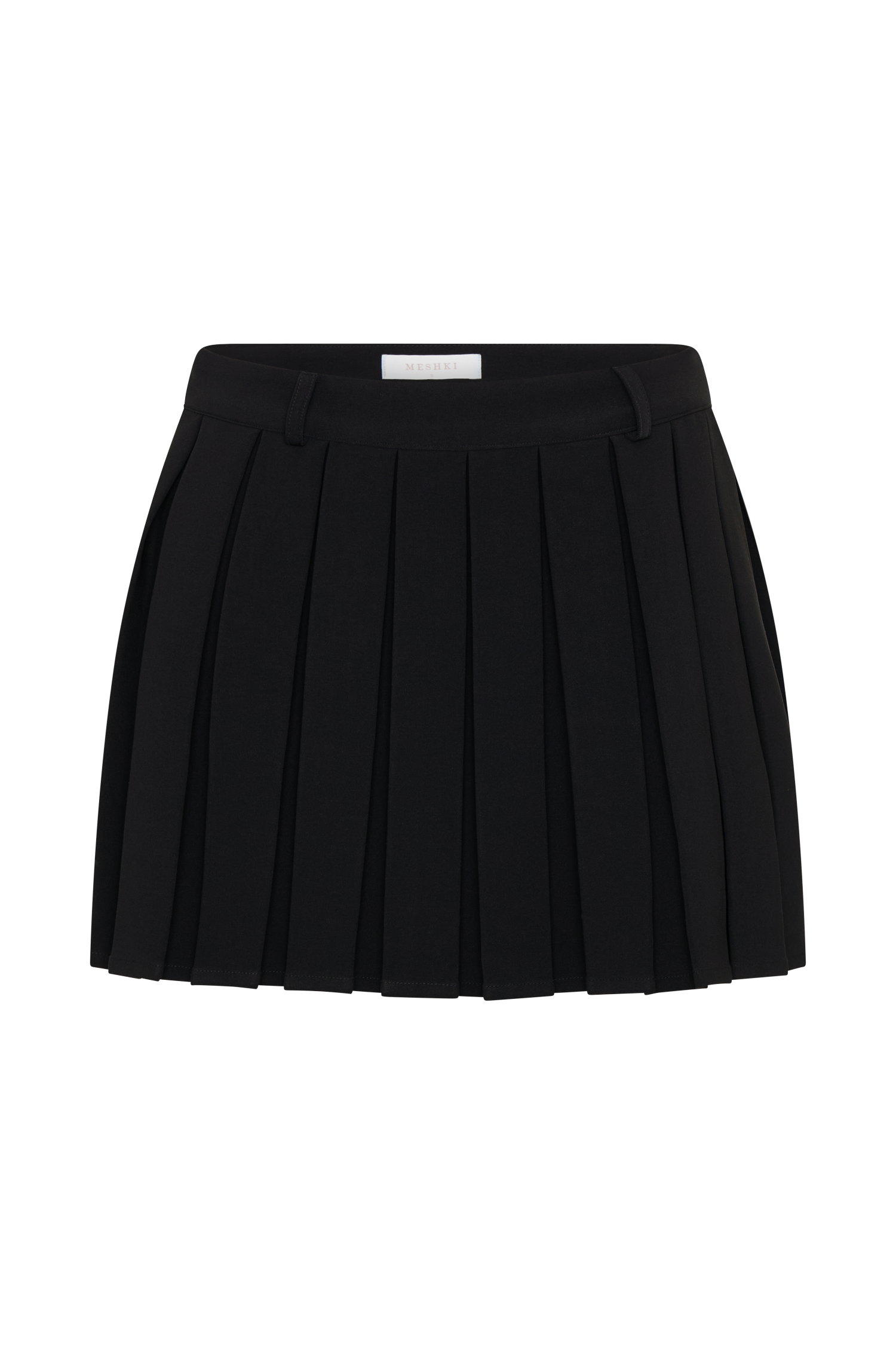 Black pleated mini skirt with structured waistband and fine pleat panels