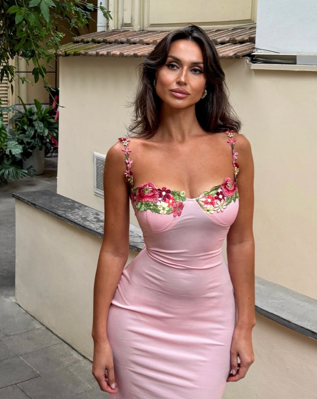 Pink maxi dress with floral embroidered bust, sweetheart neckline, thin straps