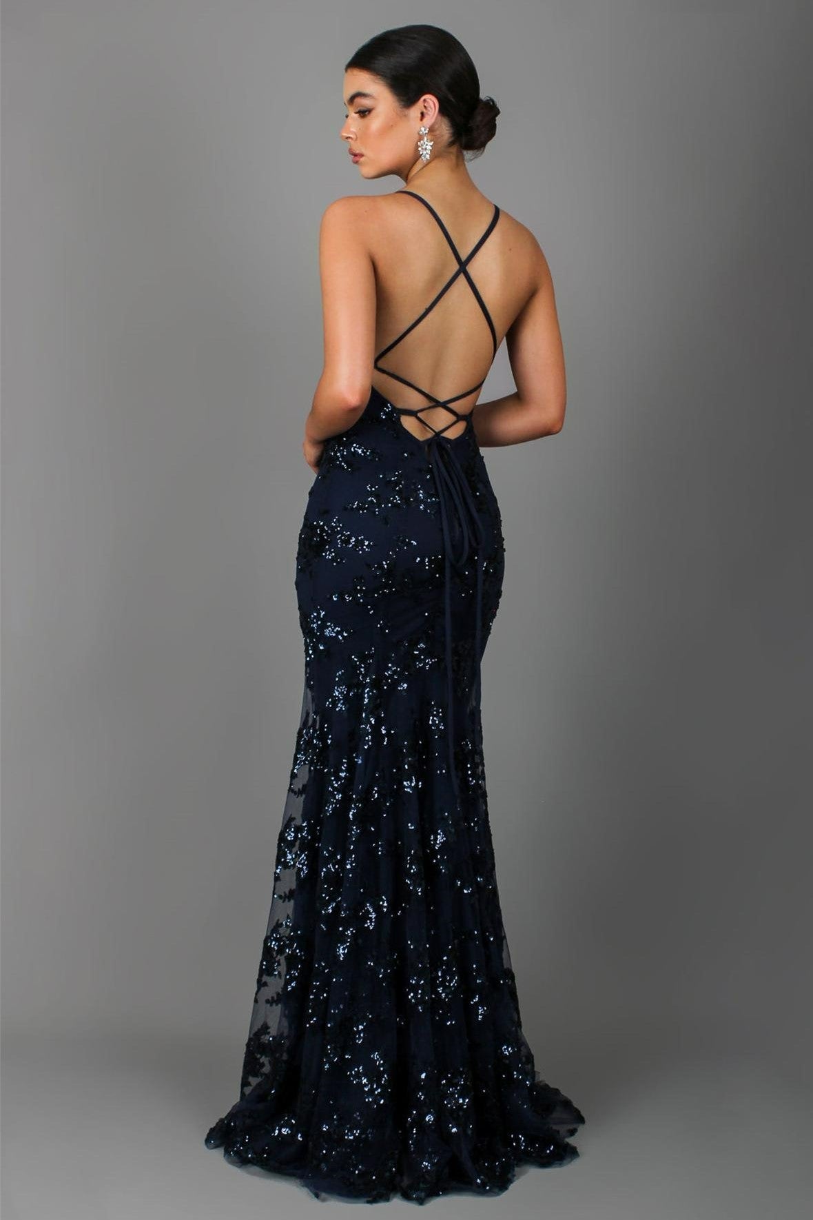 Navy sequin mermaid maxi gown, V-neck front, crisscross lace-up open back