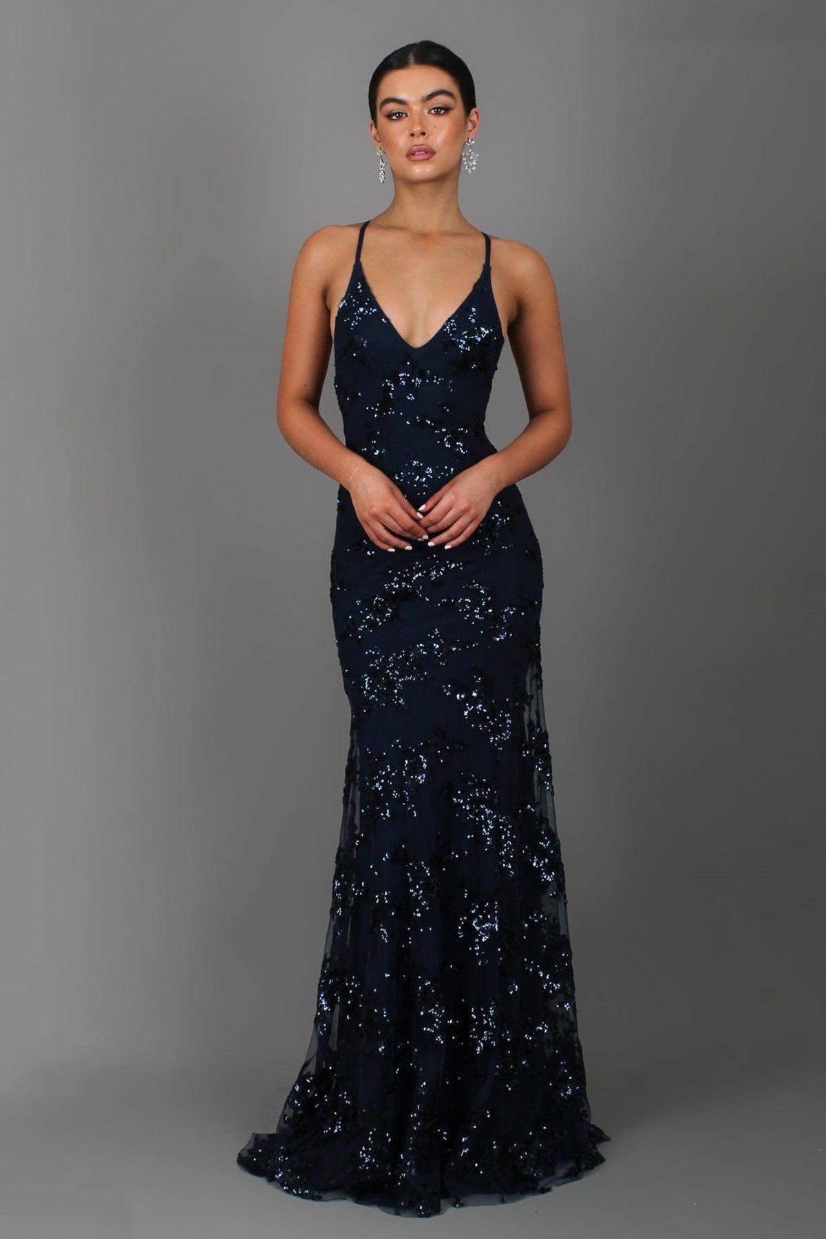 Navy sequin mermaid maxi gown with V-neck, thin straps, fitted fishtail hem
