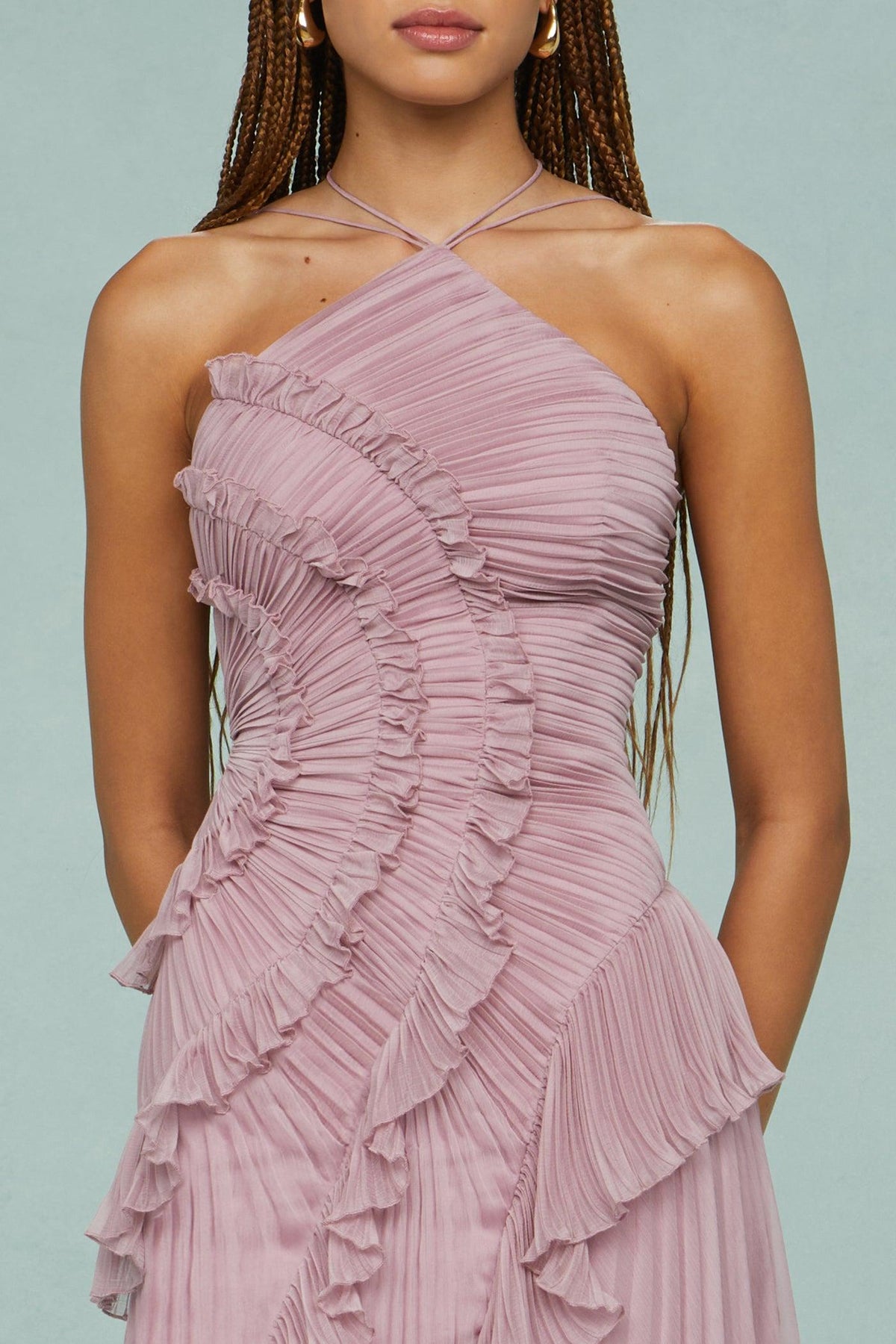Lavender halter chiffon dress bodice with ruched pleats and layered ruffle detailing