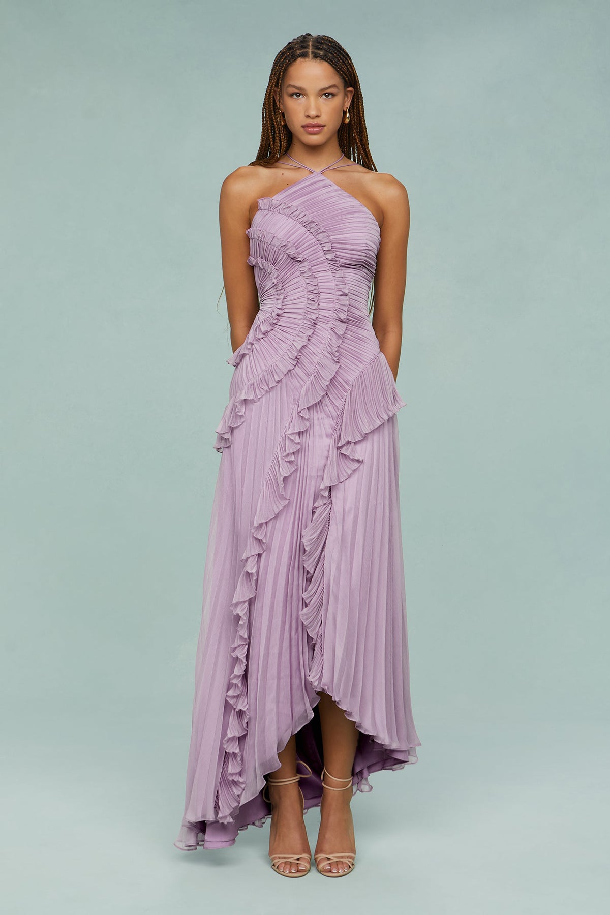 Lavender halter chiffon maxi dress with pleated ruffles and asymmetric high-low skirt