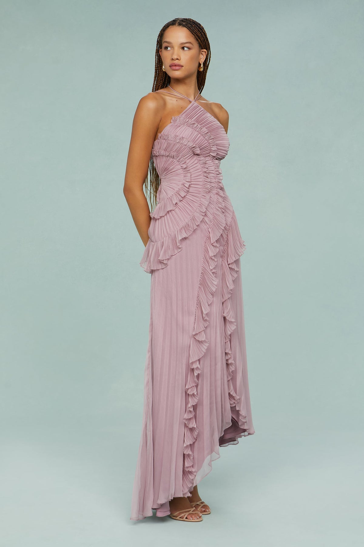 Lavender halter chiffon maxi dress with pleated ruffles and asymmetric high-low hem