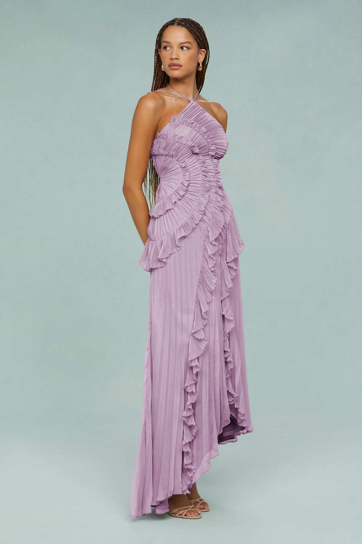 Lavender halter chiffon maxi dress with layered ruffles and asymmetric high-low hem