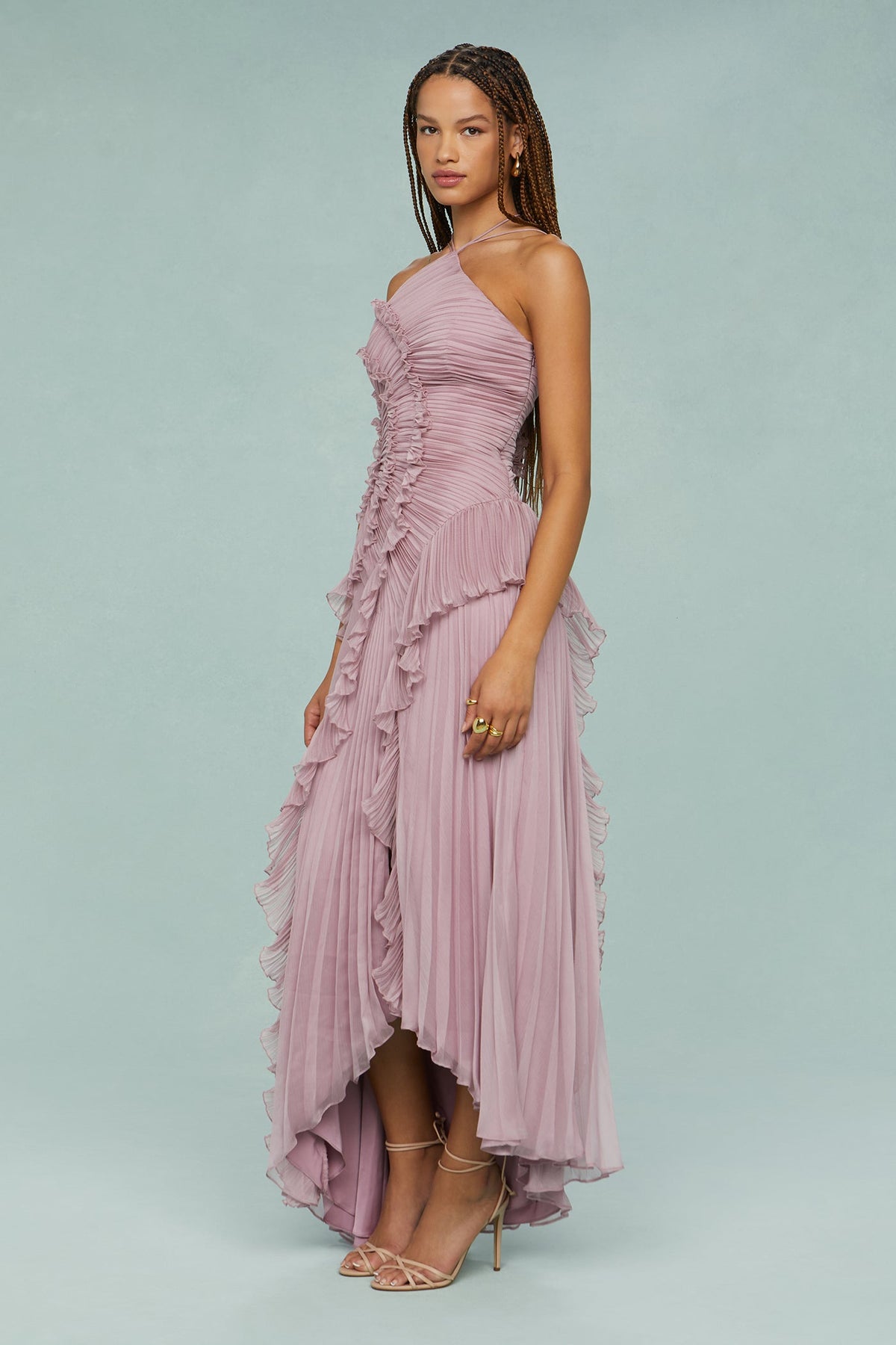 Lavender halter chiffon maxi dress with cascading ruffle layers and asymmetrical hem