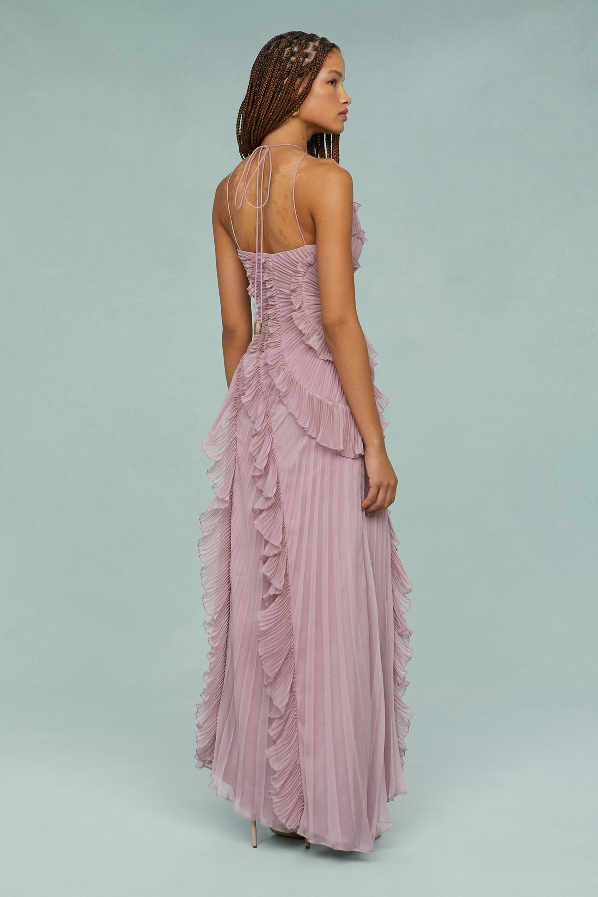 Lavender chiffon halter maxi dress shown from side/back with layered ruffle pleats