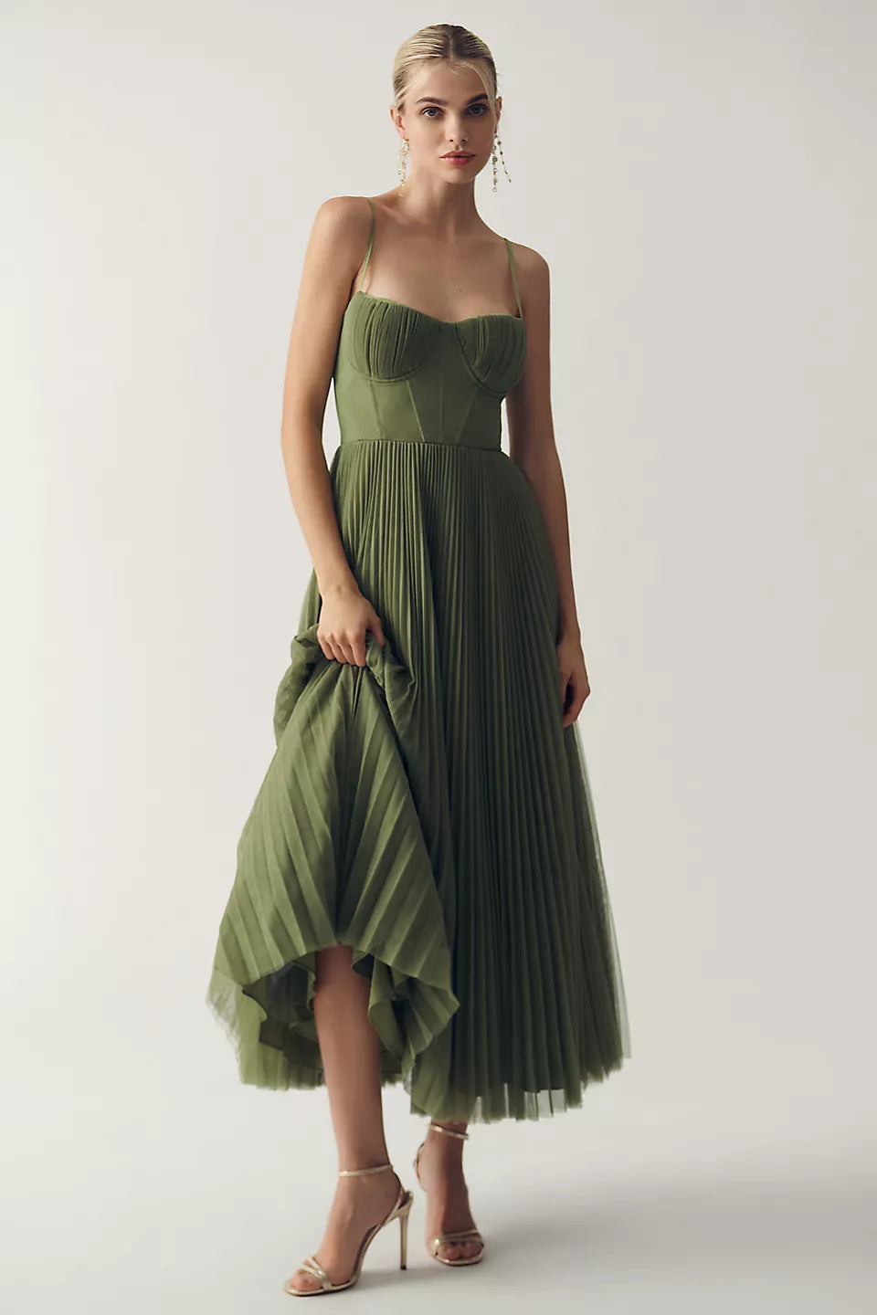 Olive-green chiffon midi dress with corset bodice, spaghetti straps, pleated skirt
