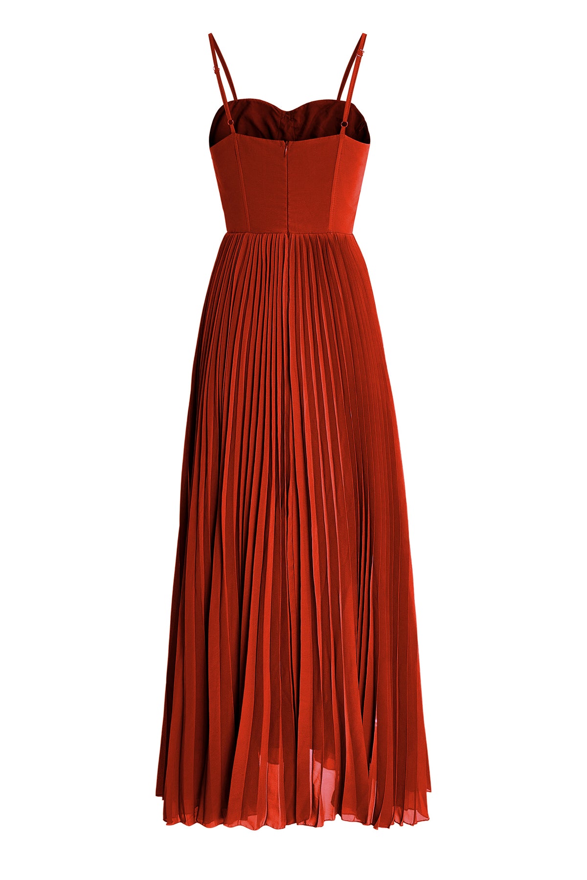 Orange-red midi chiffon dress with corset bodice and pleated skirt, spaghetti straps