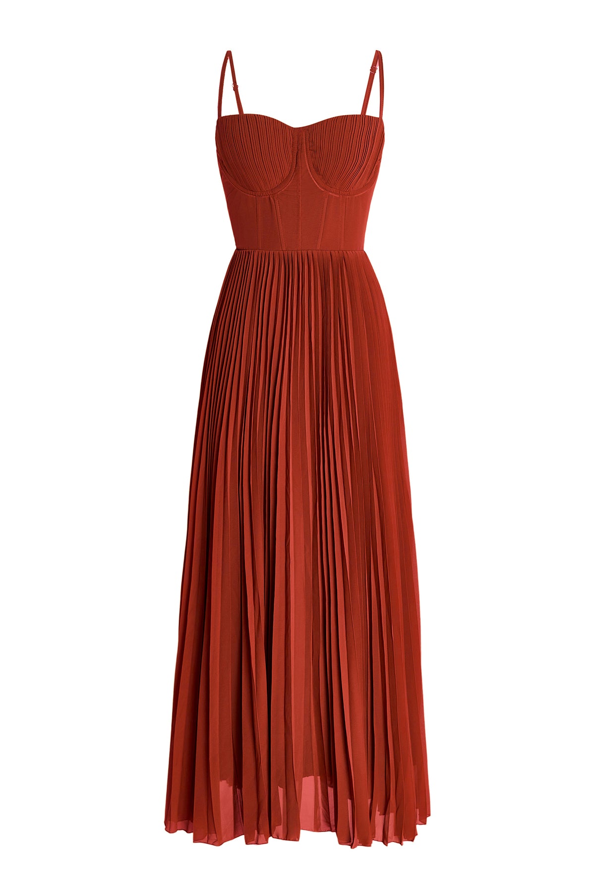 Red midi chiffon dress with corset bodice and pleated skirt, spaghetti straps