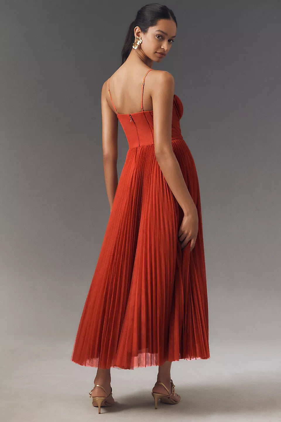 Rust-red midi chiffon dress with corset bodice, pleated skirt, spaghetti straps