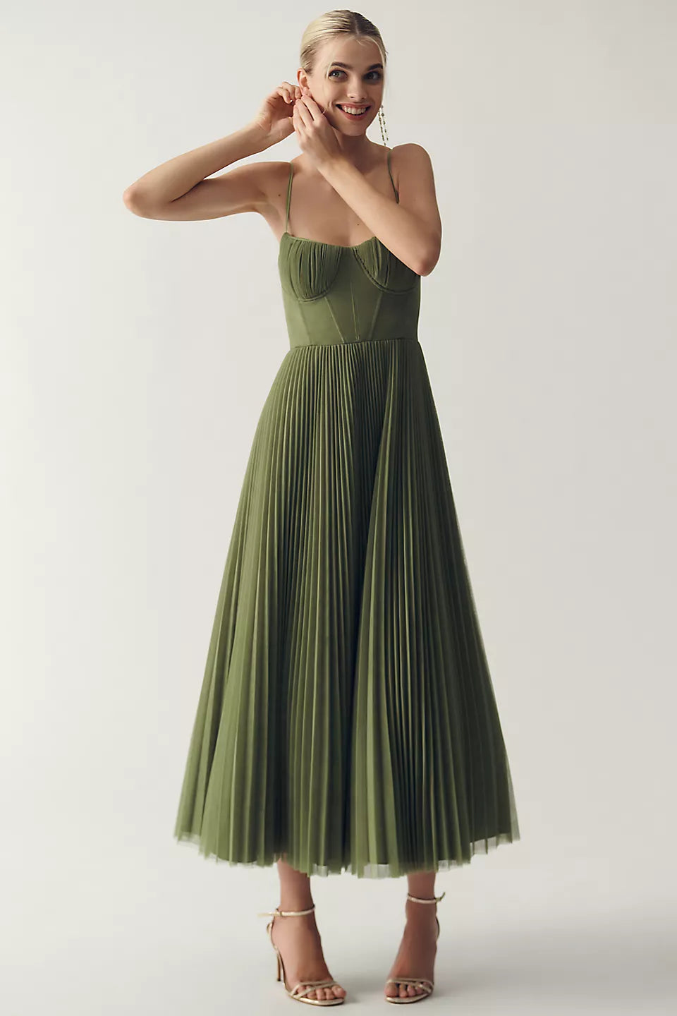 Olive-green chiffon midi dress with corset bodice, spaghetti straps, pleated full skirt